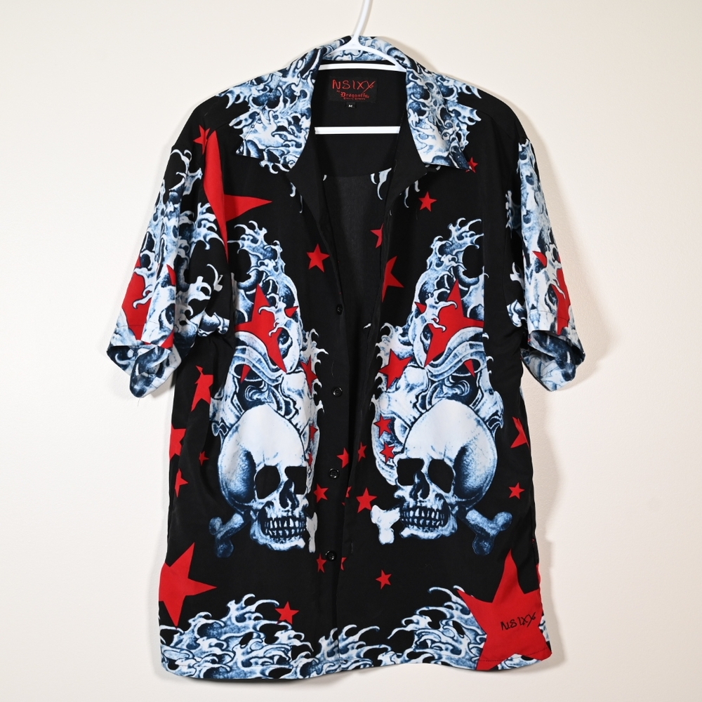 Dragonfly Button-down Shirt M Black Red